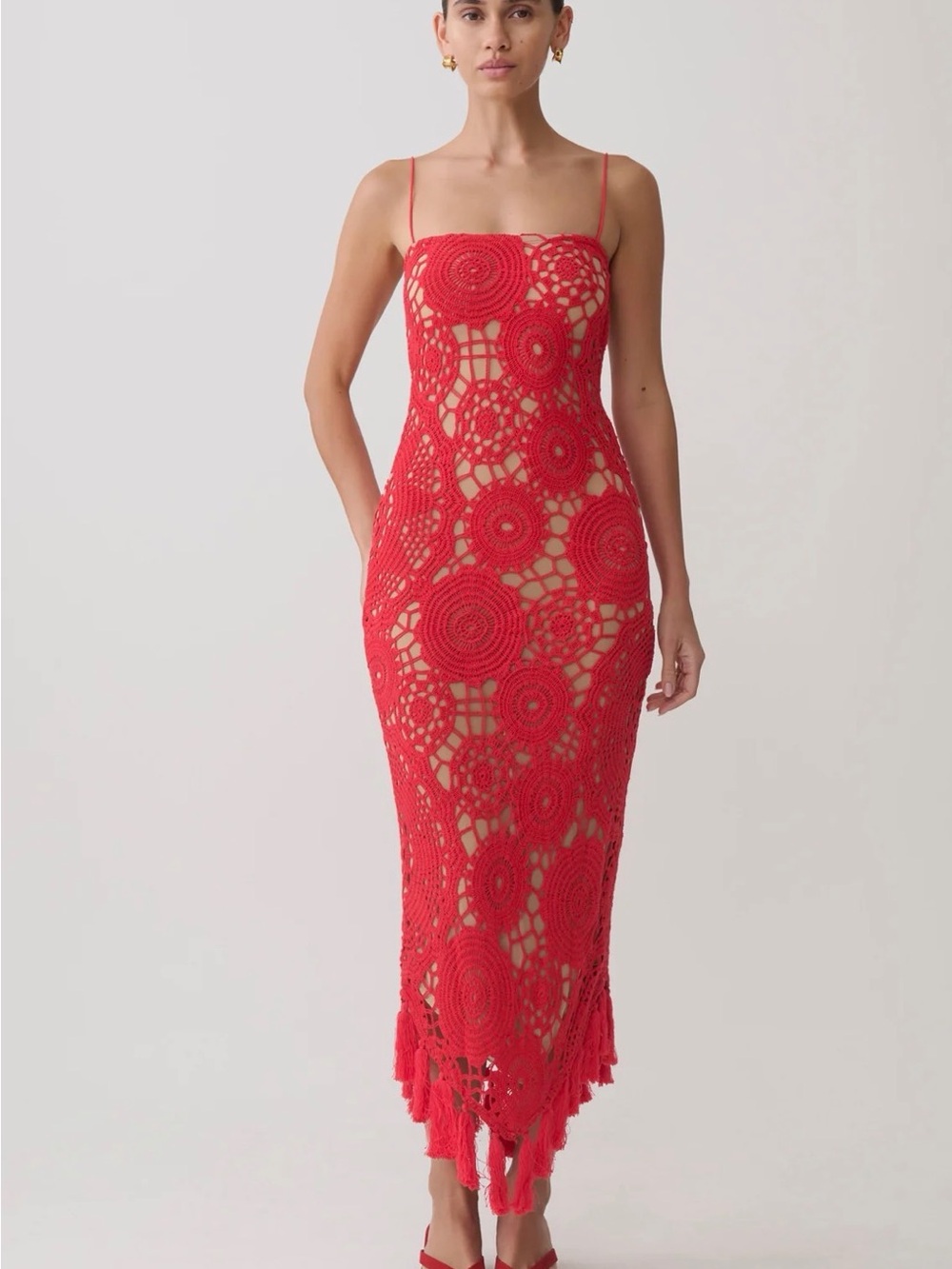 Meshki Red Crochet Maxi Dress with Spaghetti Straps